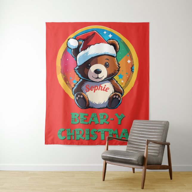 Cute Adorable Kawaii Chibi Bear-y Christmas Bear Tapestry (In Situ)