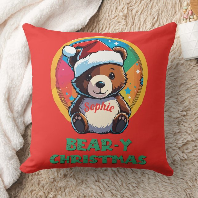 Cute Adorable Kawaii Chibi Bear-y Christmas Bear Throw Pillow (Blanket)