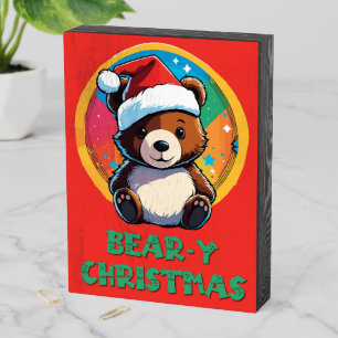 Cute Adorable Kawaii Chibi Bear-y Christmas Bear Wooden Box Sign