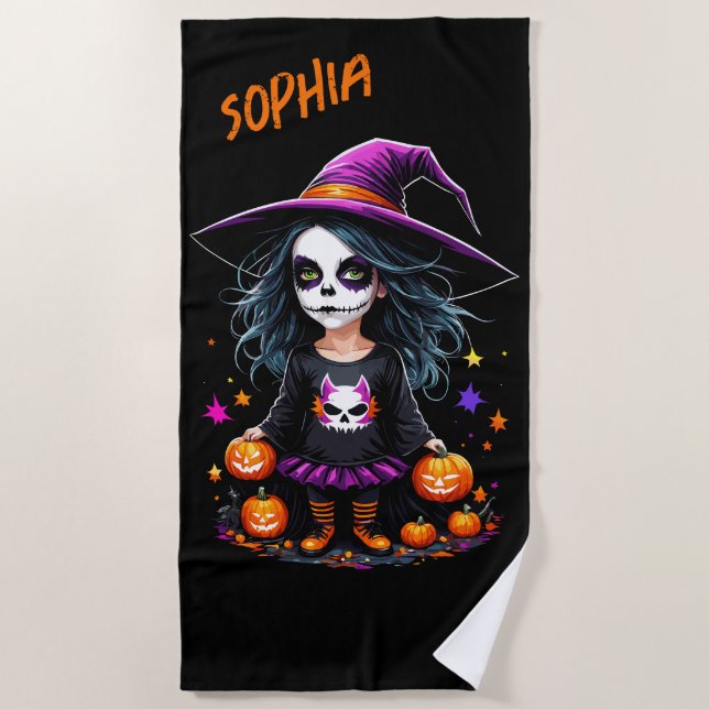 Cute Adorable Kawaii Halloween Witch Beach Towel (Front)