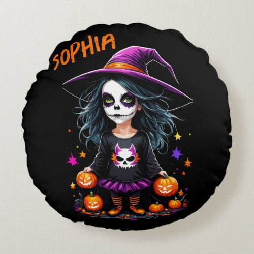 Cute Adorable Kawaii Halloween Witch Round Pillow