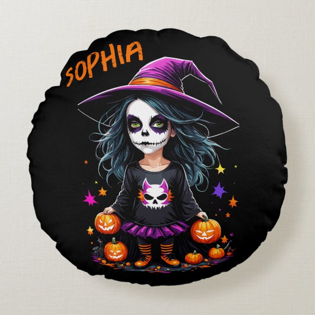 Cute Adorable Kawaii Halloween Witch Round Pillow (Front)