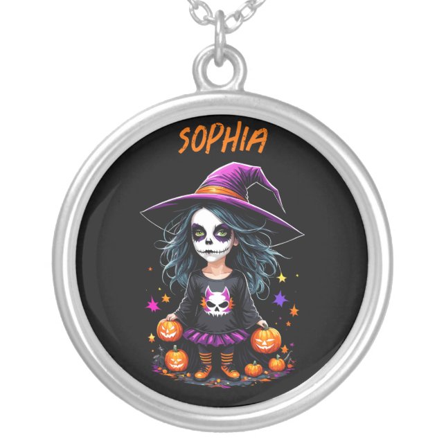 Cute Adorable Kawaii Halloween Witch Silver Plated Necklace (Front)