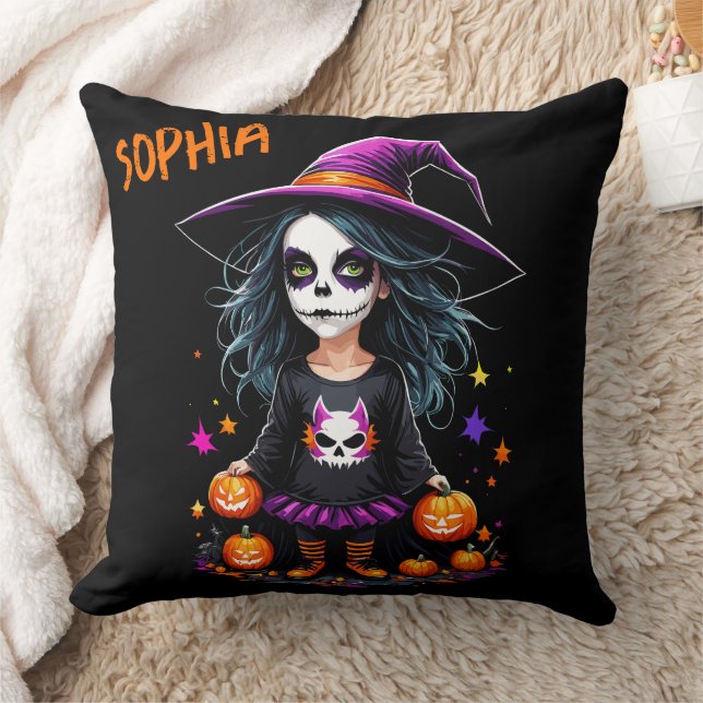 Cute Adorable Kawaii Halloween Witch Throw Pillow (Blanket)