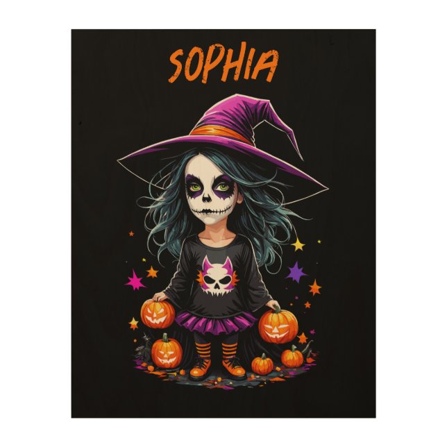 Cute Adorable Kawaii Halloween Witch Wood Wall Art (Front)