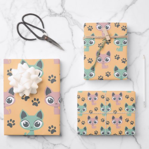 Cute Adorable Kitten Animated Cat Cartoon Big Eyes Wrapping Paper Sheets