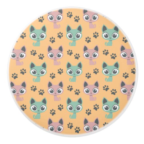 Cute Adorable Kitten Big Eyes Cat Paw Pattern Ceramic Knob