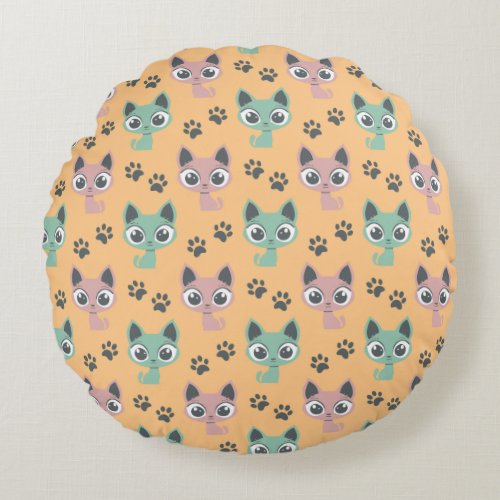 Cute Adorable Kitten Big Eyes Cat Paw Pattern Round Pillow