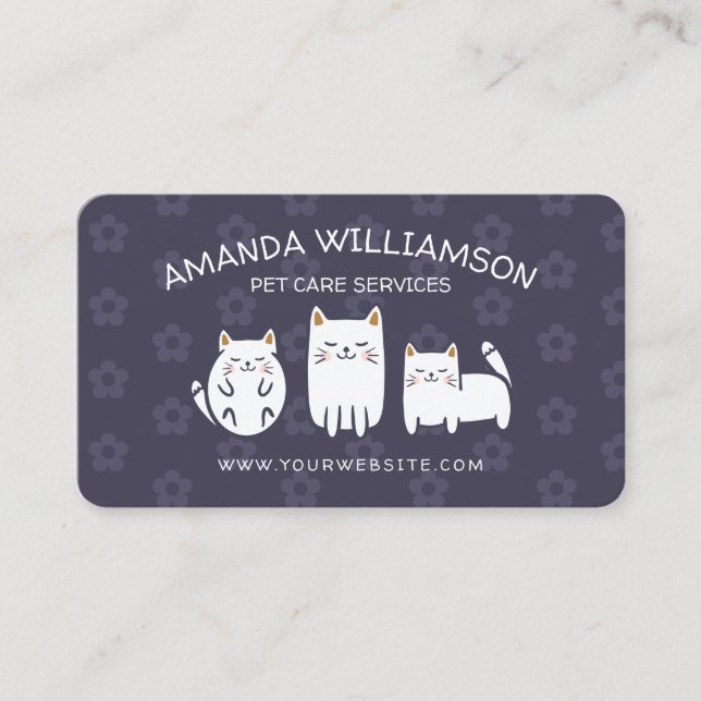 Cute Adorable Kitty Cat Pet Care Services Purple Business Card (Front)