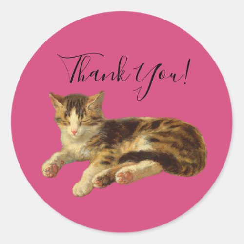 Cute Adorable Kitty Cat Thank You Magenta Script Classic Round Sticker