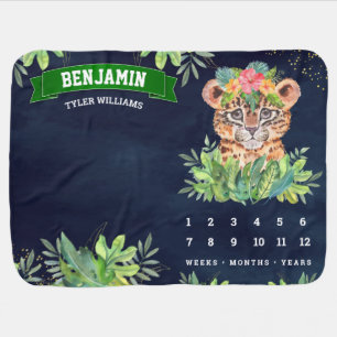 Cute Adorable Leopard Jungle Safari Navy Milestone Baby Blanket