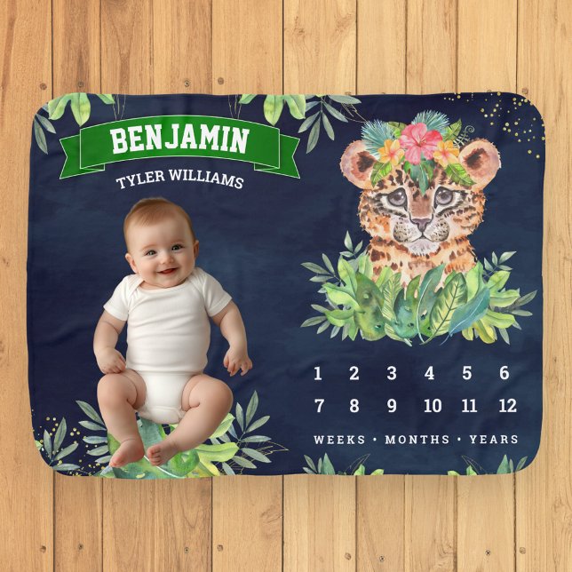 Cute Adorable Leopard Jungle Safari Navy Milestone Baby Blanket (Creator Uploaded)