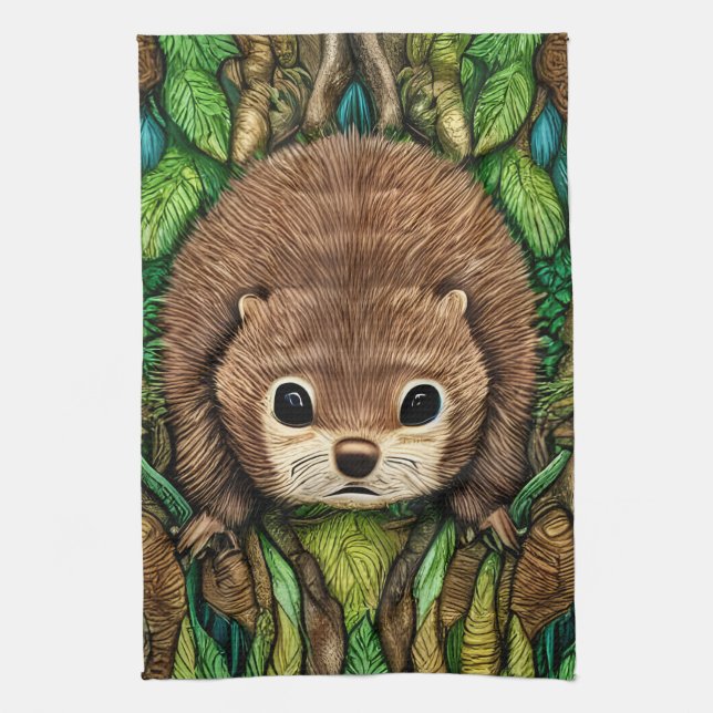 Cute Adorable Little Baby Beaver Kitchen Towel (Vertical)