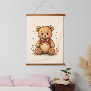 Cute adorable little brown bear with tie hanging tapestry
