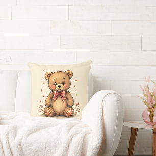 Cute adorable little brown bear with tie throw pillow