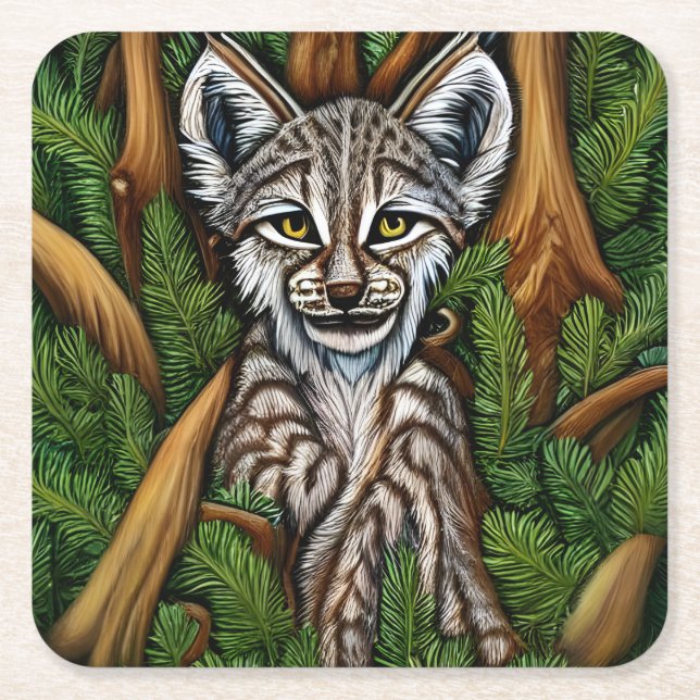 Cute Adorable Little Lynx Kitten Square Paper Coaster (Front)