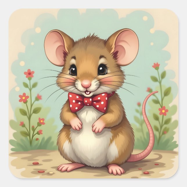 Cute adorable little mouse with tie square sticker (Front)