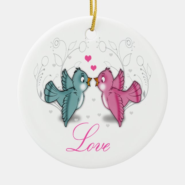 Cute adorable Love birds pink blue swirls flowers Ceramic Ornament (Front)