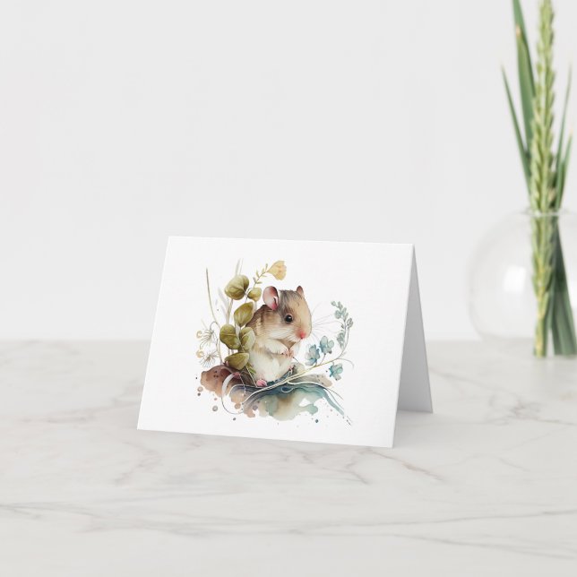 Cute Adorable Mouse with Flowers BLANK  Card (Front)