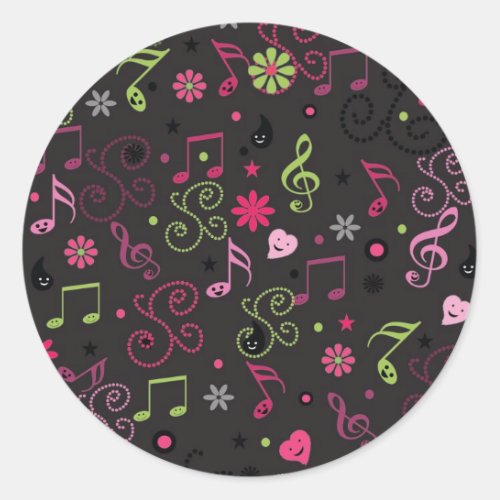 Cute adorable music notes flowers classic round sticker