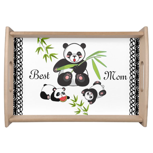 Cute Adorable Panda Mother & Cubs Eating Bamboo  Serving Tray (Front)
