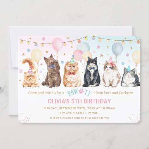 Cute Adorable Pawty Cats Balloons Birthday Party I Invitation | Zazzle