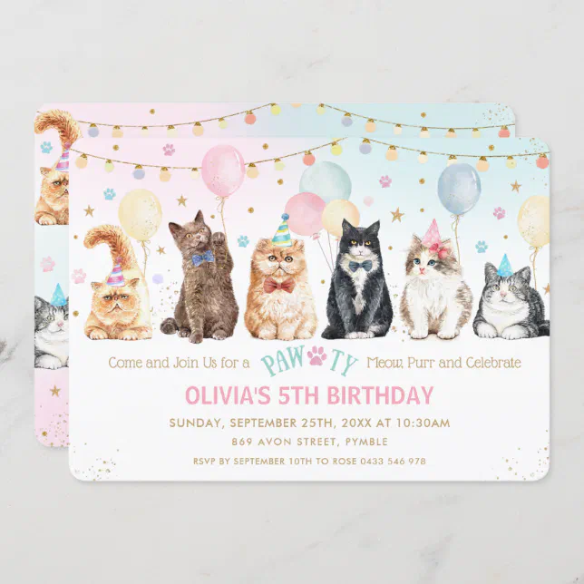 Cute Adorable Pawty Cats Balloons Birthday Party I Invitation | Zazzle