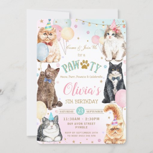 Cute Adorable Pawty Cats Balloons Birthday Party I Invitation | Zazzle