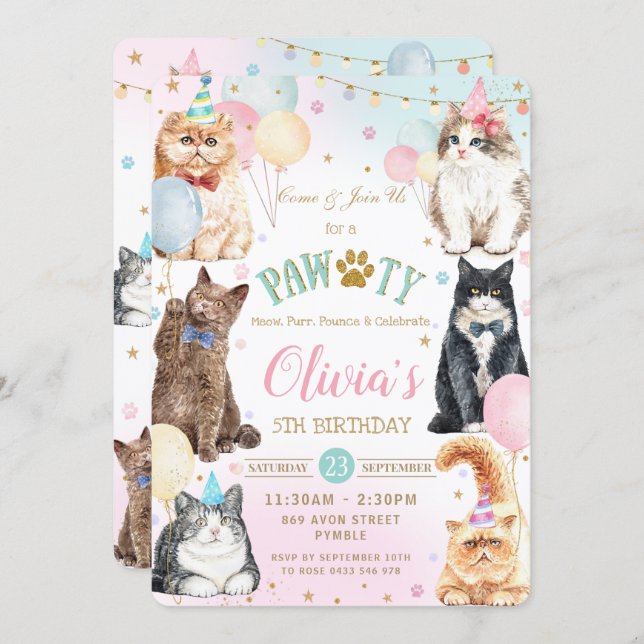 Cute Adorable Pawty Cats Balloons Birthday Party I Invitation (Front/Back)