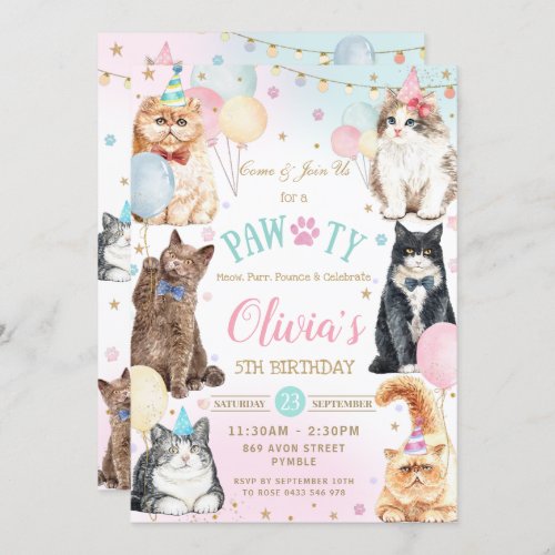 Cute Adorable Pawty Cats Balloons Birthday Party Invitation
