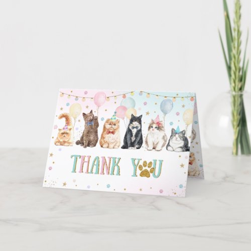 Cute Adorable Pawty Cats Balloons Birthday Party T Thank You Card