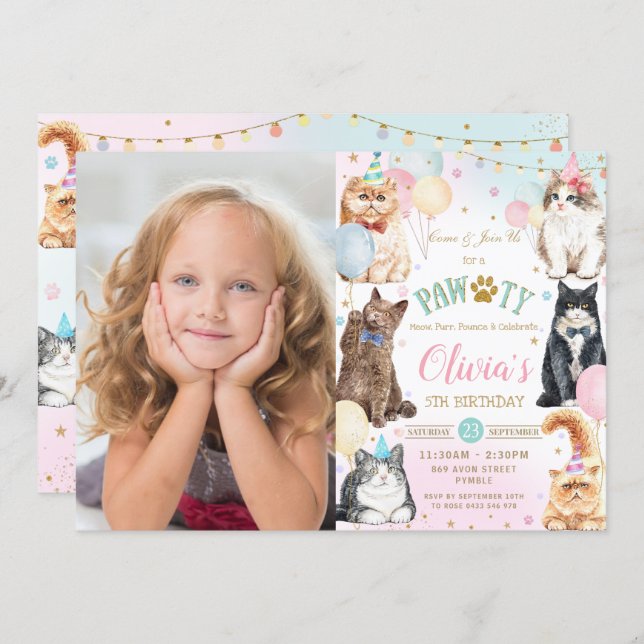 Cute Adorable Pawty Cats Balloons Birthday Photo  Invitation (Front/Back)
