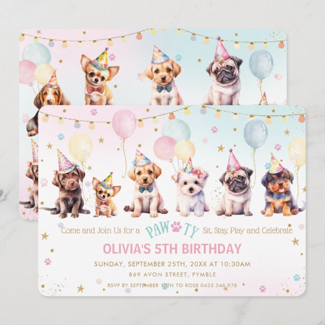 Cute Adorable Pawty Dog Puppy Birthday Party Invitation (Front/Back)