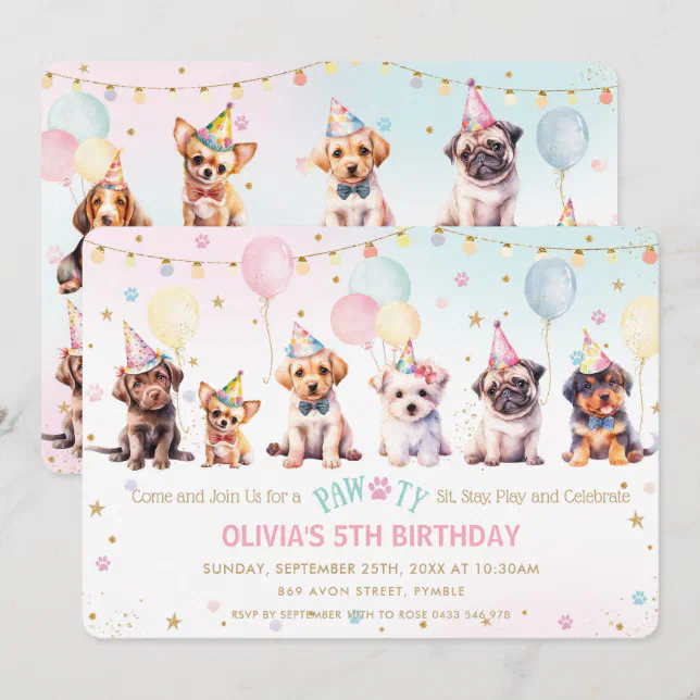 Cute Adorable Pawty Dog Puppy Birthday Party Invitation | Zazzle