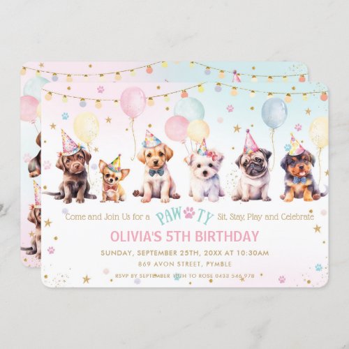 Cute Adorable Pawty Dog Puppy Birthday Party Invitation