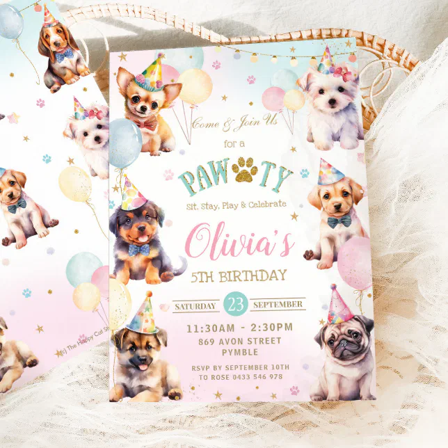 Cute Adorable Pawty Dogs Balloons Birthday Party Invitation | Zazzle