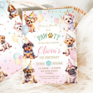 Cute Adorable Pawty Dogs Balloons Birthday Party Invitation