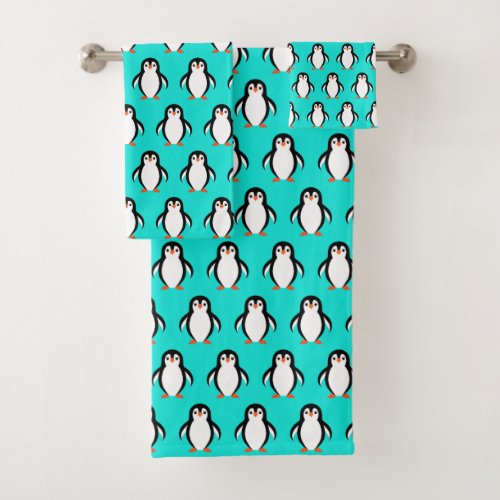 Cute Adorable Penguins Pattern on Turquoise Blue  Bath Towel Set