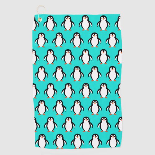 Cute Adorable Penguins Pattern on Turquoise Blue  Golf Towel