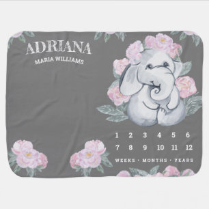 Cute Adorable Pink Floral Elephant Grey Milestone Baby Blanket