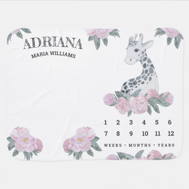 Cute Adorable Pink Floral Giraffe Milestone Baby Blanket (Horizontal)