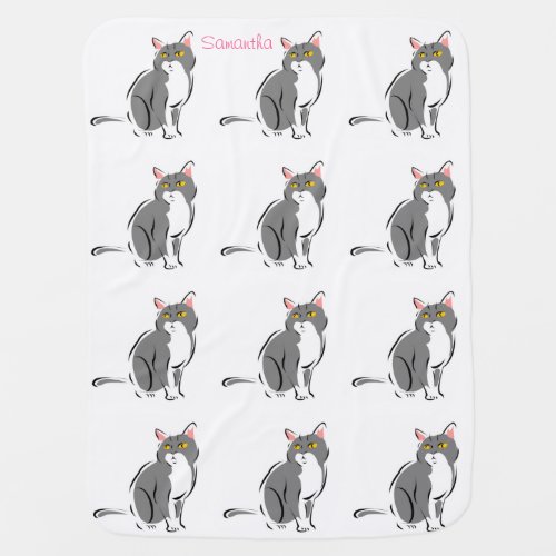 Cute Adorable Pink Gray Kitty Cats Optional Name Stroller Blanket