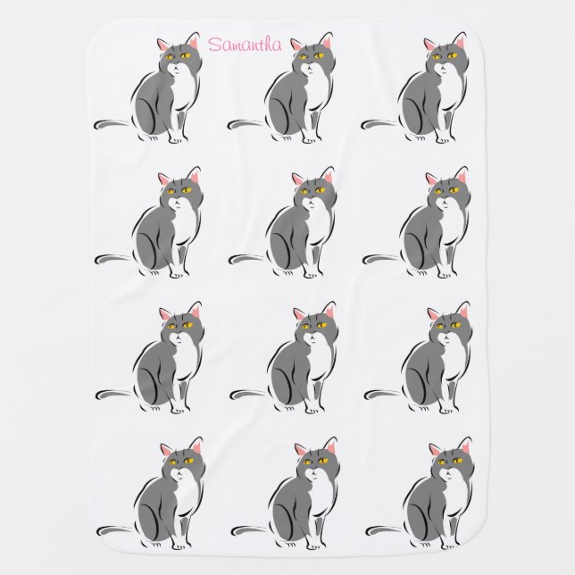 Cute Adorable Pink Gray Kitty Cats Optional Name Stroller Blanket (Front)