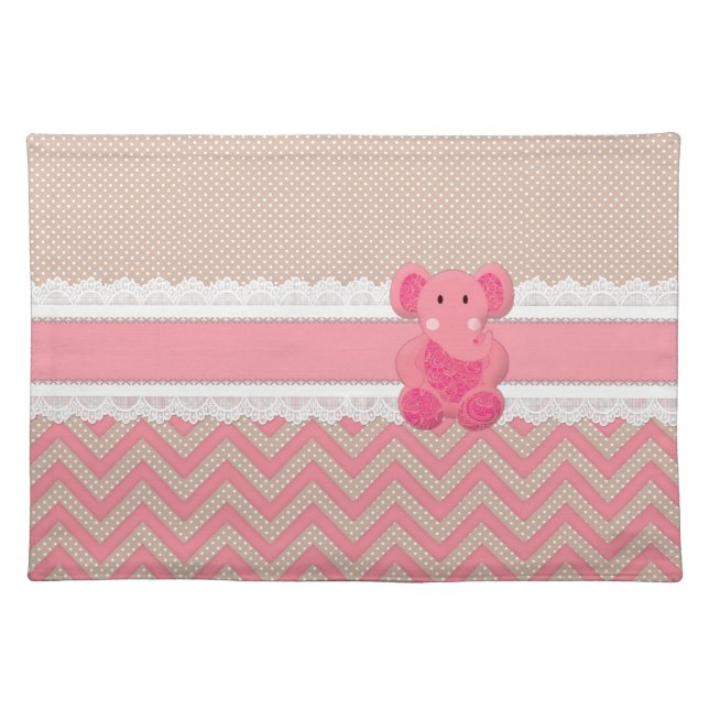 Cute adorable pink Paisleys elephant white lace Cloth Placemat (Front)