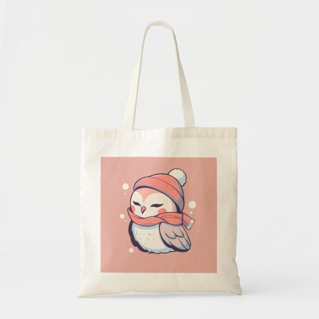 Cute Adorable Pink Winter Christmas Owl Kawaii Tote Bag (Front)