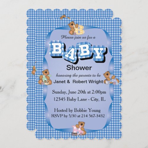 Cute Adorable Plaid with Baby Bears  Baby Shower Invitation