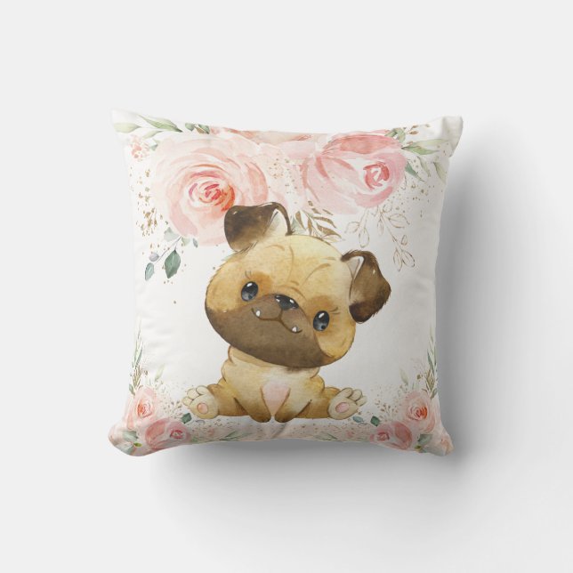 Cute Adorable Pug Dog Blush Pink Floral Girl Throw Pillow (Front)