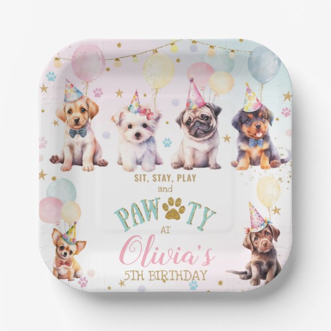 Cute Adorable Puppy Dogs Balloons Birthday Party Paper Plates (Front)