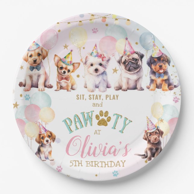 Cute Adorable Puppy Dogs Balloons Birthday Party Paper Plates (Front)