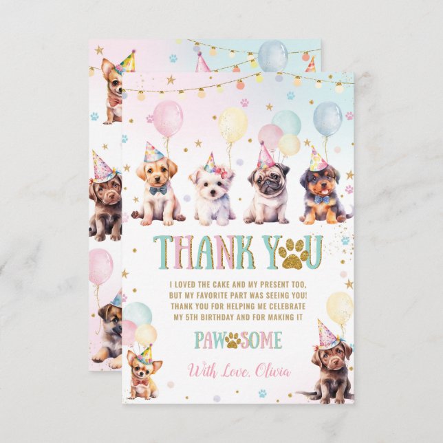 Cute Adorable Puppy Dogs Balloons Birthday Party Thank You Card (Front/Back)